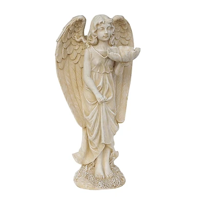 20" Distressed Ivory Cherub Angel Bird Feeder Garden Statue