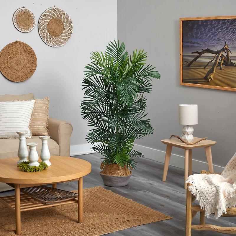 5ft. Areca Artificial Palm Tree in Boho Chic Handmade Cotton & Jute Woven Planter UV Resistant (Indoor/Outdoor