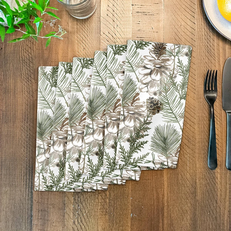 Pine Cones & Greenery on White Cotton Twill Napkin