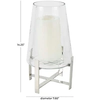 14" Clear Glass & Stainless Steel Hurricane Candle Holder