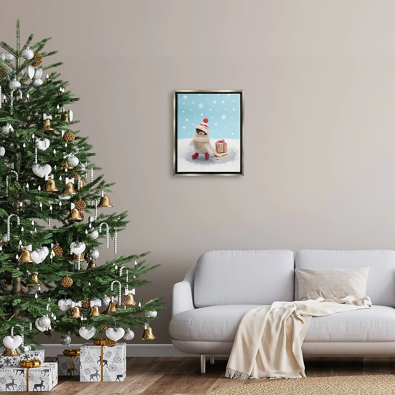 Stupell Industries Penguin Christmas Present Sled Framed Floater Canvas Wall Art