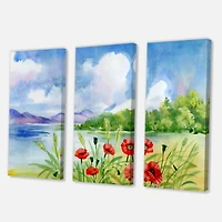 Designart - Red Tulips On The Bank Near A Mountain River