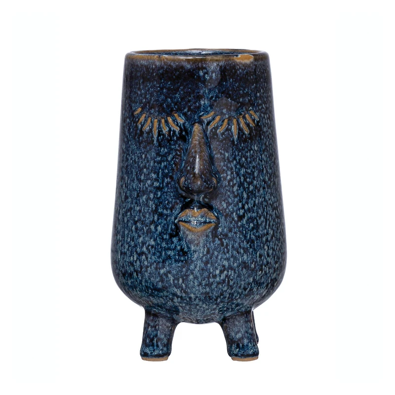 Hello Honey® 6" Blue Reactive Glaze Stoneware Planter with Face