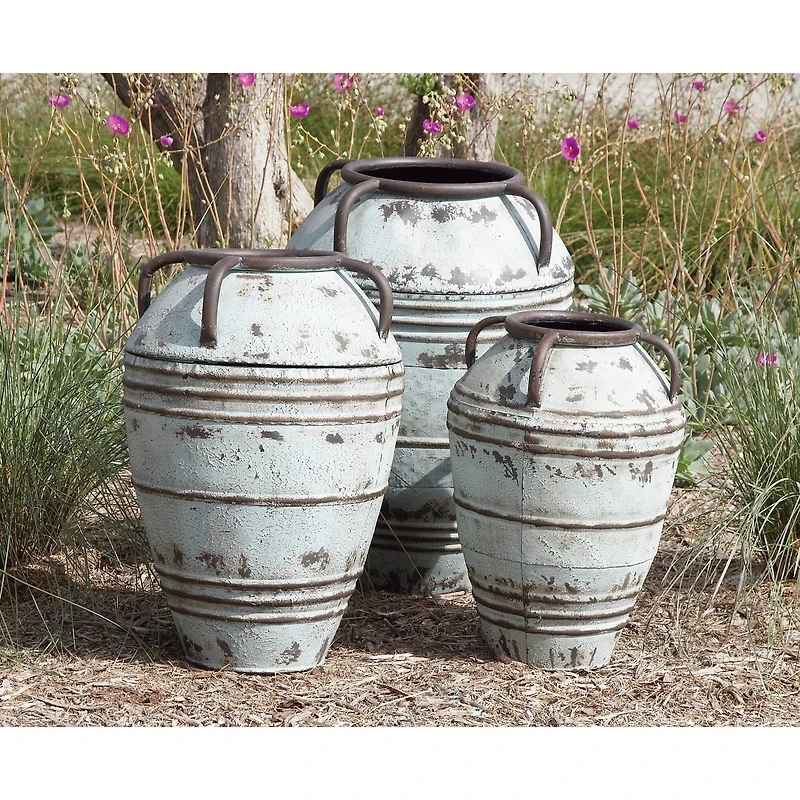 Set of 3 Blue Metal Rustic Vase, 26", 23", 19"