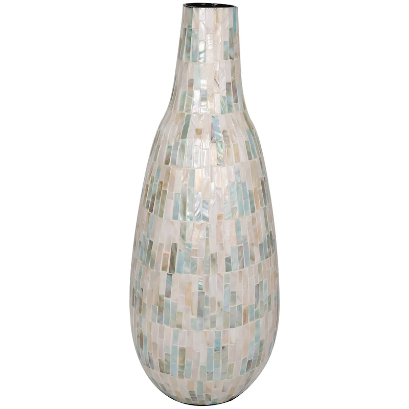 21" White Mother of Pearl Handmade Mosaic Inspired Vase with Pastel Blue and Pink Accents