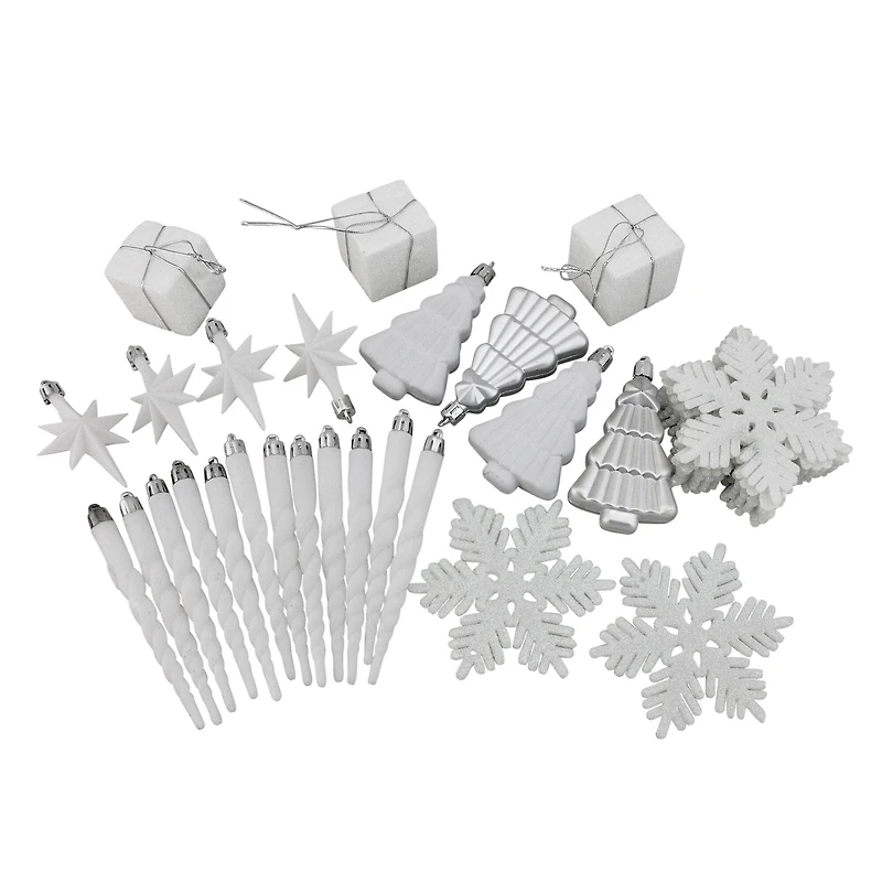 125ct. Winter White & Silver Shatterproof 4-Finish Christmas Ornaments