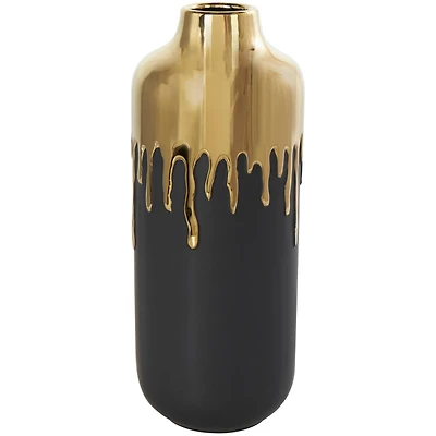 CosmoLiving by Cosmopolitan 14" Black Ceramic Vase with Gold Melting Drips