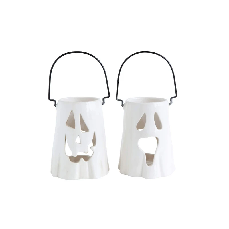 Hello Honey® 6.5" White Ceramic Ghost Face Lantern Set