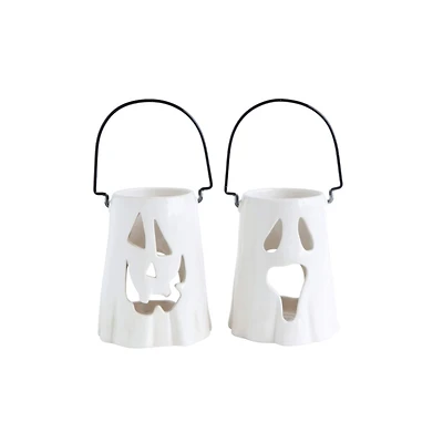 Hello Honey® 6.5" White Ceramic Ghost Face Lantern Set