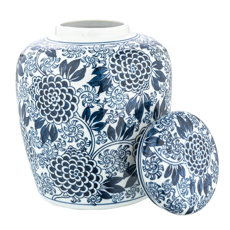 Hello Honey® 8" Blue & White Decorative Chrysanthemum Ceramic Ginger Jar with Lid