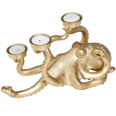11" Gold Polystone Textured Octopus Candelabra with Tentacle Candle Slots
