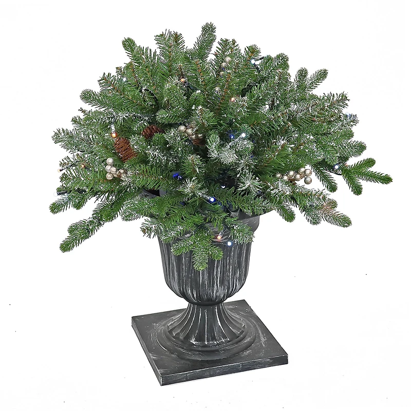 24" Feel Real® Snowy Morgan Spruce Porch Bush in Silver Brushed Plastic Urn with Cones & Champagne Berries
