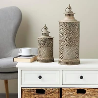 Brown Distressed Ornate Floral Candle Lantern Set