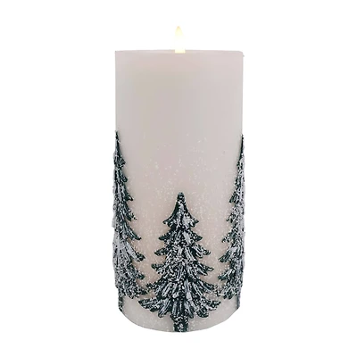 8" Flocked Trees LED Wax Pillar Candle by Ashland®
