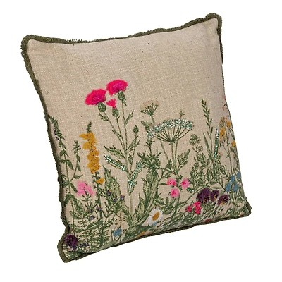 Hello Honey® 18" Multicolor Flower Embroidery, Beads & Lace Trim Cotton Slub Pillow