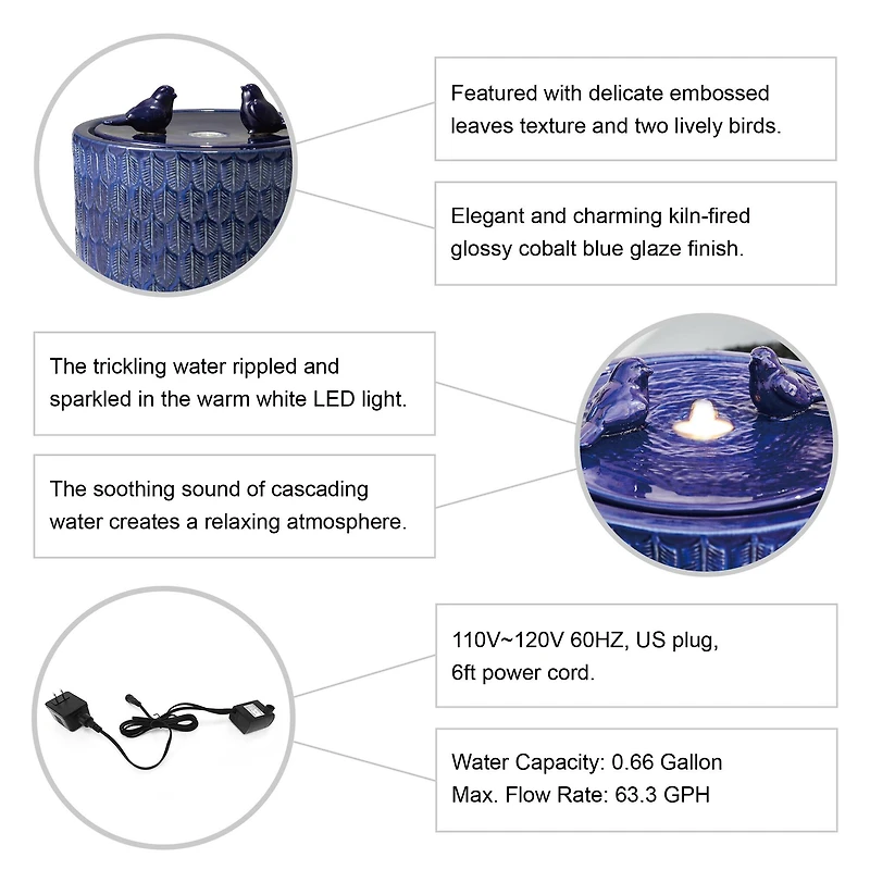 Glitzhome® 15" LED Bird Cylindrical Ceramic Fountain