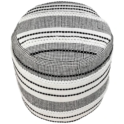 18" White & Black Striped Outdoor Woven Pouf Ottoman