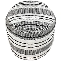 18" White & Black Striped Outdoor Woven Pouf Ottoman