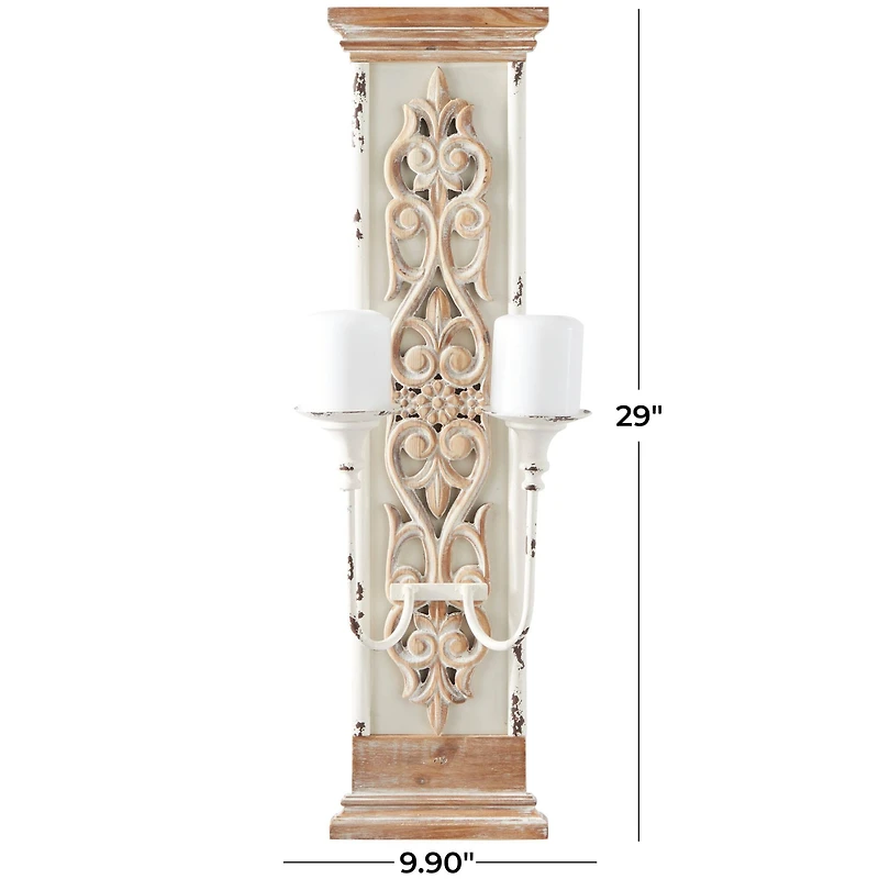 29" Brown Wood Pillar 2 Plate Scroll Wall Sconce