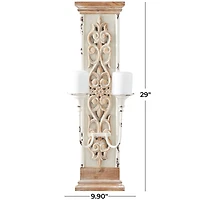 29" Brown Wood Pillar 2 Plate Scroll Wall Sconce