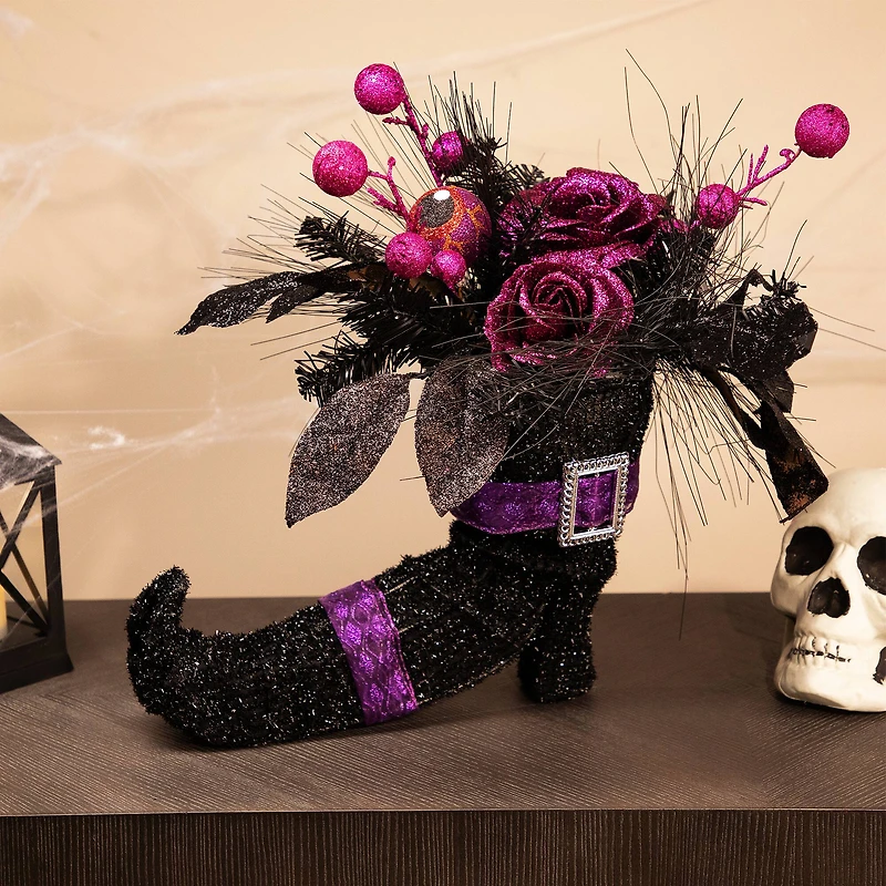 12" Black Witch's Boot with Purple Glittered Roses Halloween Decoration