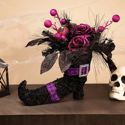 12" Black Witch's Boot with Purple Glittered Roses Halloween Decoration