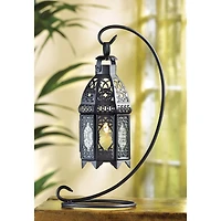 13" Curled Metal Stand with Black Moroccan Candle Lantern