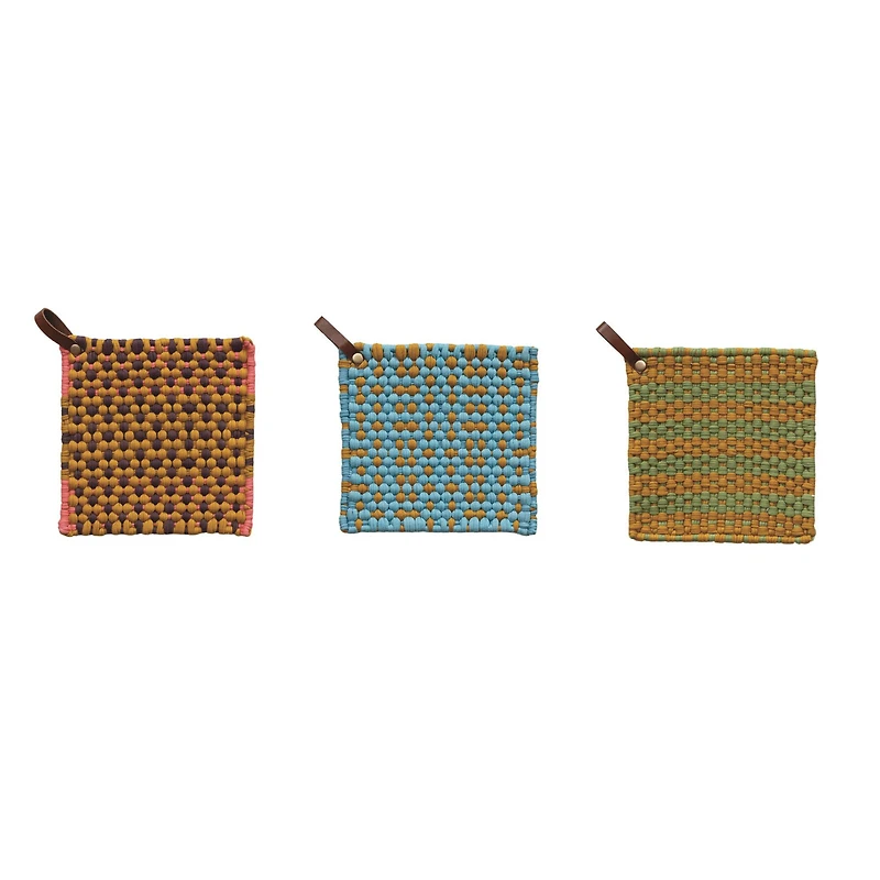 Hello Honey® Multi-Tone Cotton Crocheted Pot Holders with Leather Loop Set
