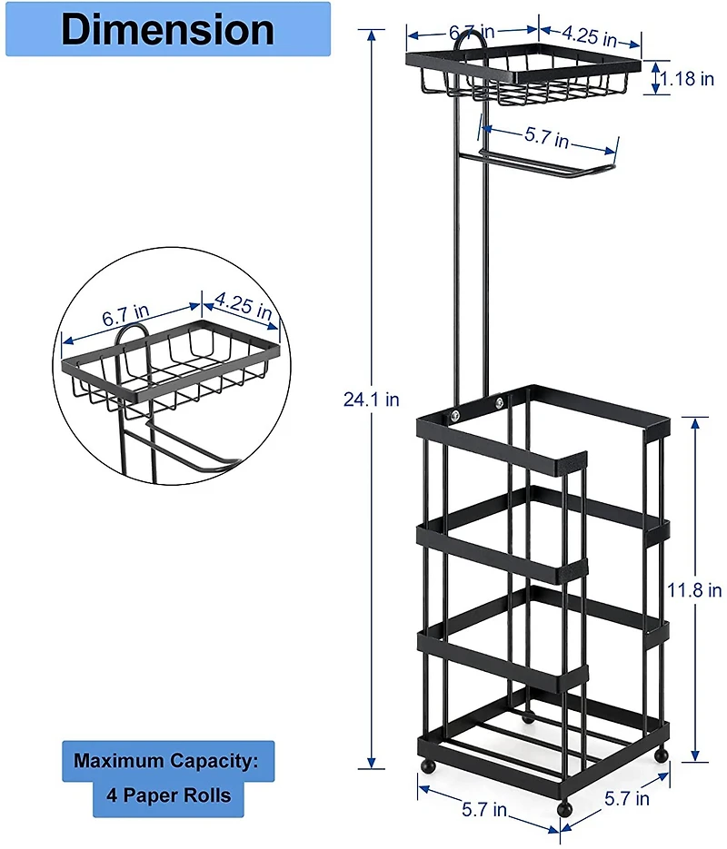Black Freestanding Toilet Paper Holder with Basket
