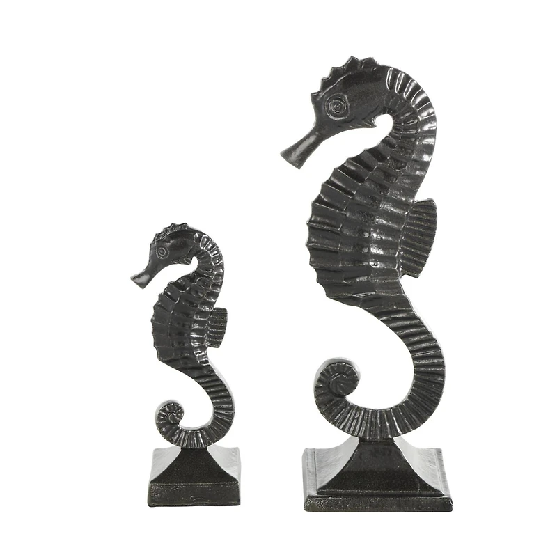 Black Aluminum Sea Horse Sculpture Set with Square Bases