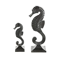 Black Aluminum Sea Horse Sculpture Set with Square Bases