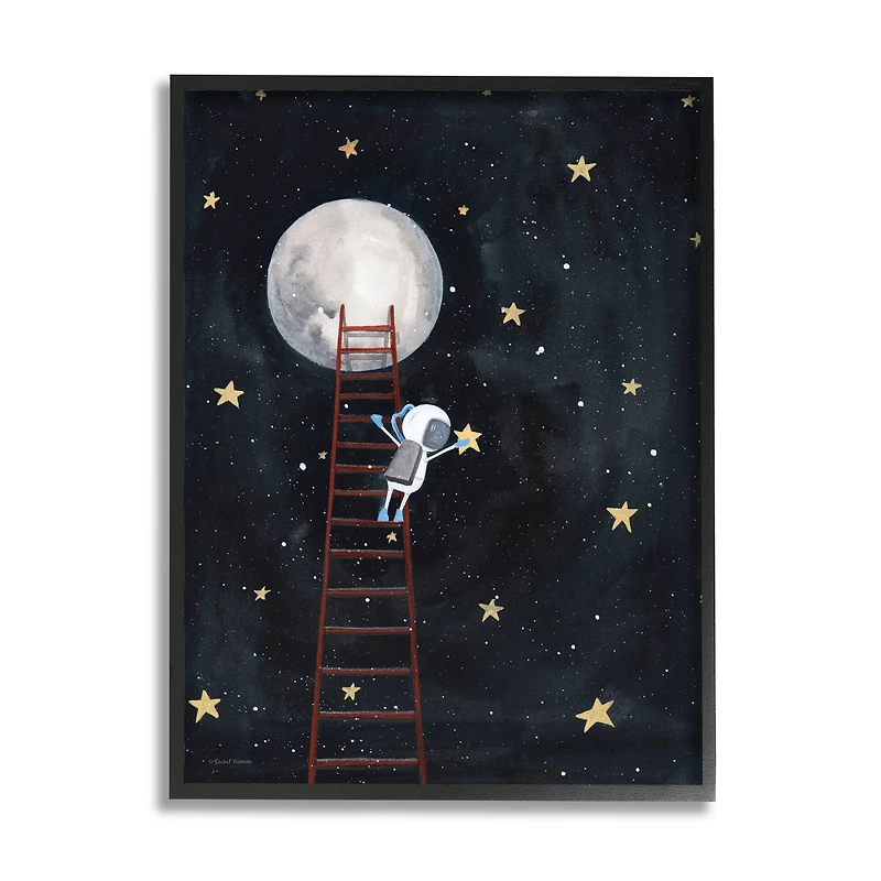 Stupell Industries Astronaut Hanging Stars Outer Space Ladder to Moon Framed Wall Art