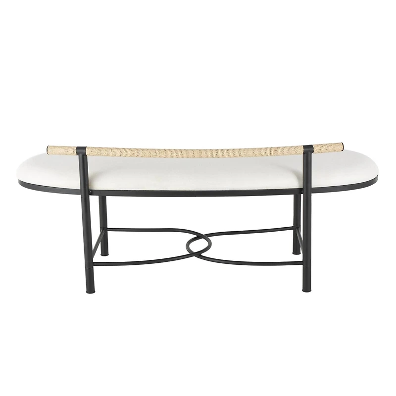 60.25" White Fabric Abstract Upholstered Oval Home Bench with Black Metal Frame & Rope Rod Backrest