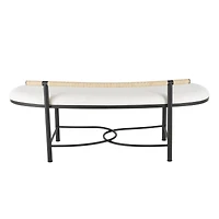 60.25" White Fabric Abstract Upholstered Oval Home Bench with Black Metal Frame & Rope Rod Backrest