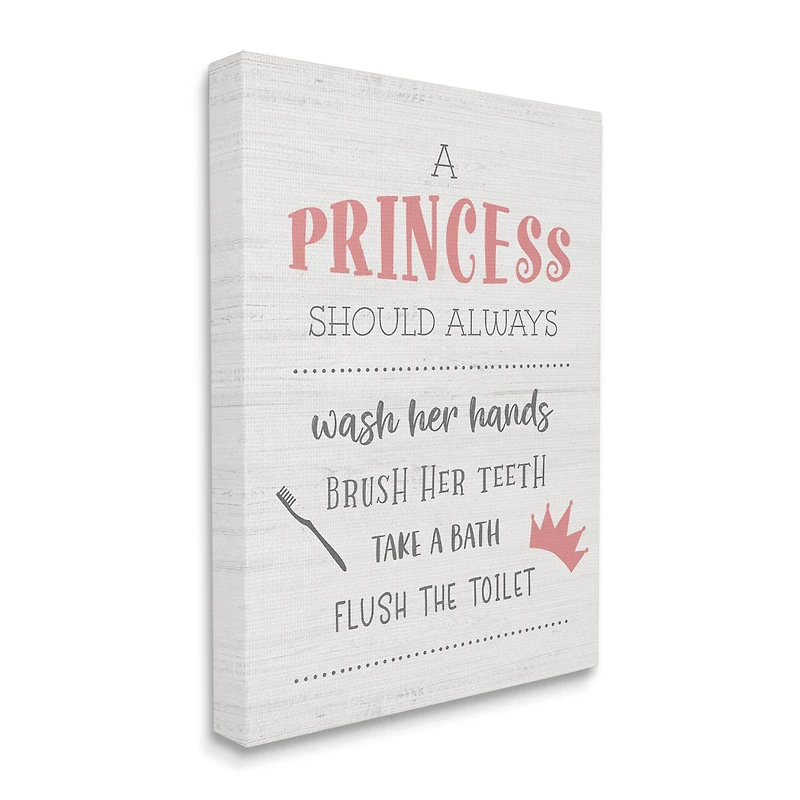 Stupell Industries Princess Bathroom Rules Good Hygiene Phrases Pink Crown Canvas Wall Art