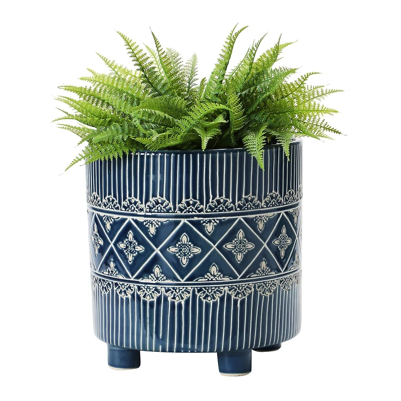 Hello Honey® 11" Blue & White Debossed Stoneware Footed Planter