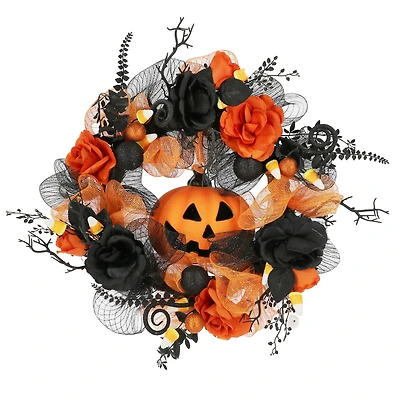 24" Orange & Black Jack-o'-Lantern & Roses Wreath by Ashland®