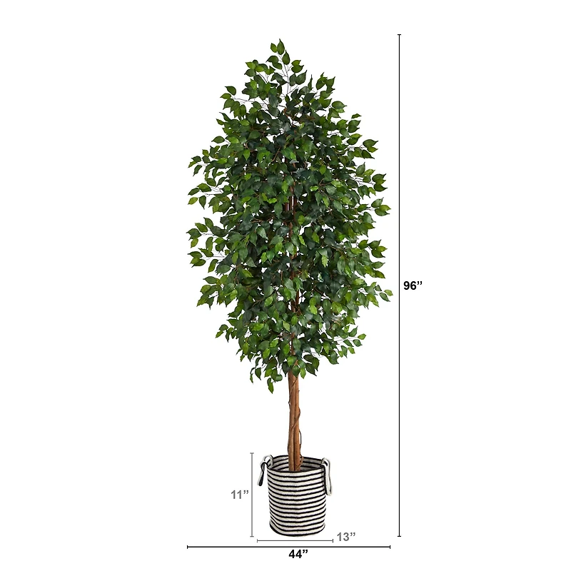 8ft. Ficus Artificial Tree in Handmade Black and White Natural Jute and Cotton Planter