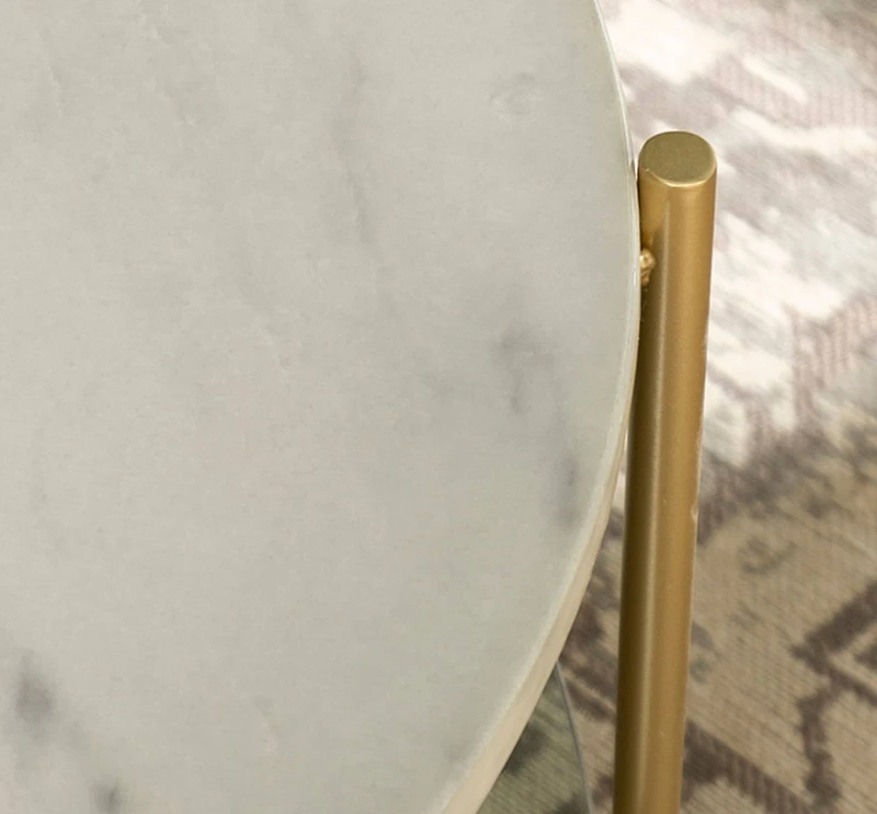 Faux White Marble, Glass & Gold Modern Round Coffee Table 