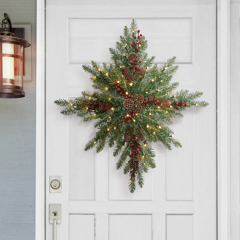 32" Pre-Lit Flocked Snowflake Wreath