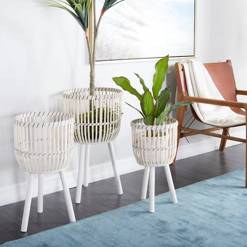 White Bamboo Bohemian Planter, Set of 3" 26", 23", 20"