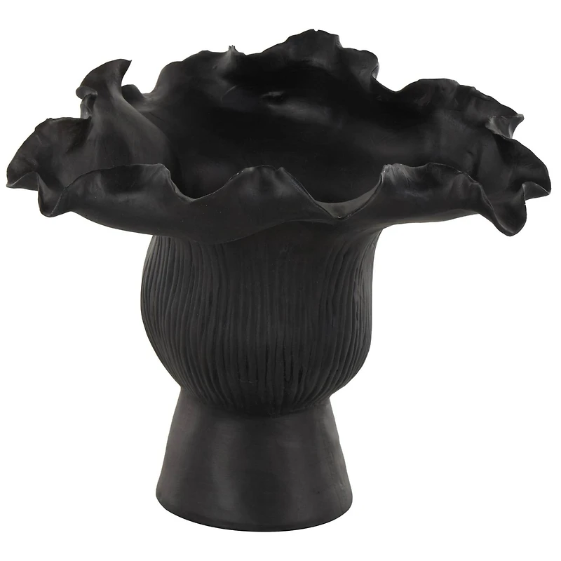 9" Black Ceramic Abstract Floral Inspired Vase with Linear Grooves