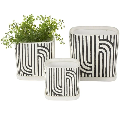 Black Geometric Linear Arch Pattern Ceramic Planter Set