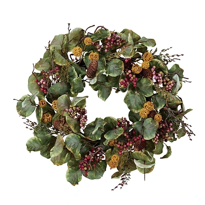 Hello Honey® 24" Green & Red Faux Zanzibar Leaf Wreath with Berries