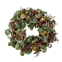 Hello Honey® 24" Green & Red Faux Zanzibar Leaf Wreath with Berries