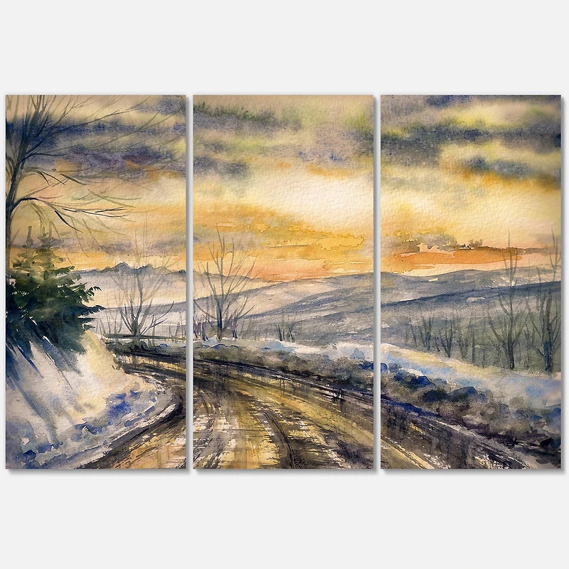 Designart - Winter Landscape With Road Under Bright Sunset