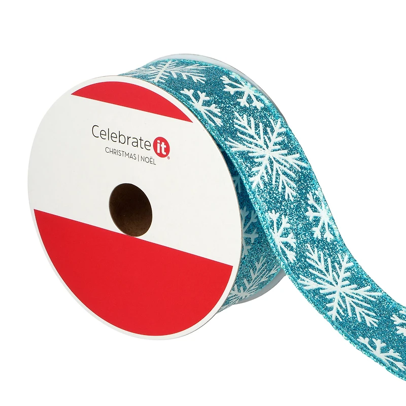 1.5" x20ft. Turquoise Snowflakes Wired Metallic Ribbon by Celebrate It®