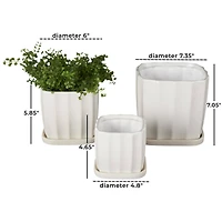 White Square Wide Groove Textured Ceramic Planter Set