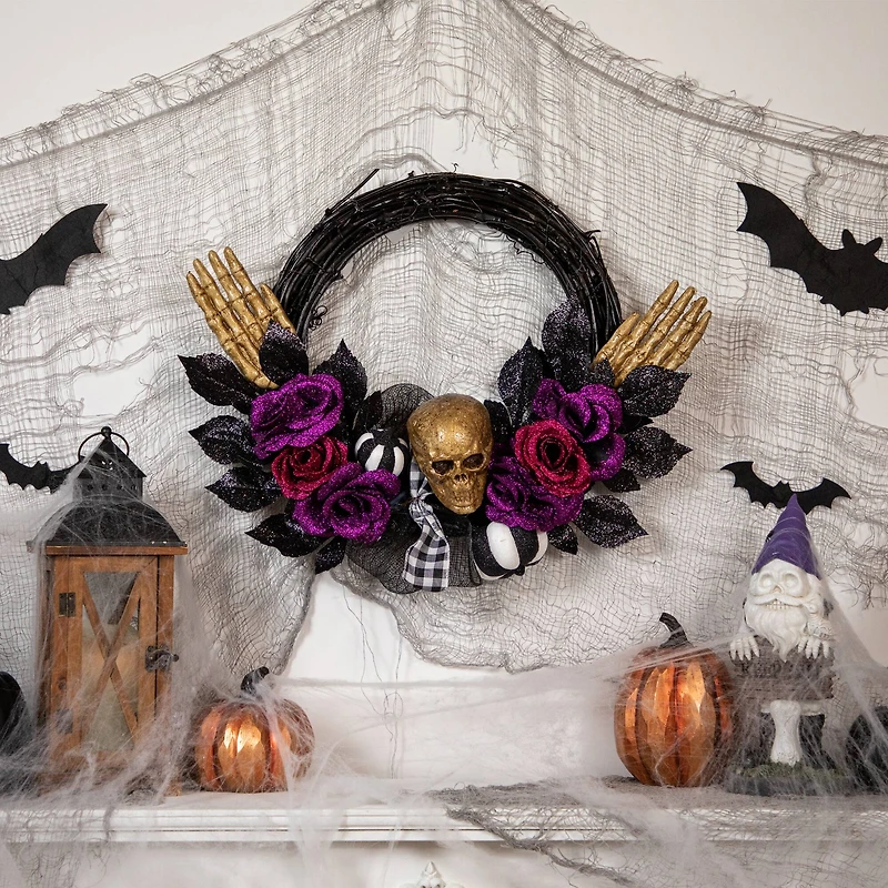 22" Skull with Hands & Purple Roses Halloween Twig Wreath