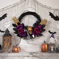 22" Skull with Hands & Purple Roses Halloween Twig Wreath